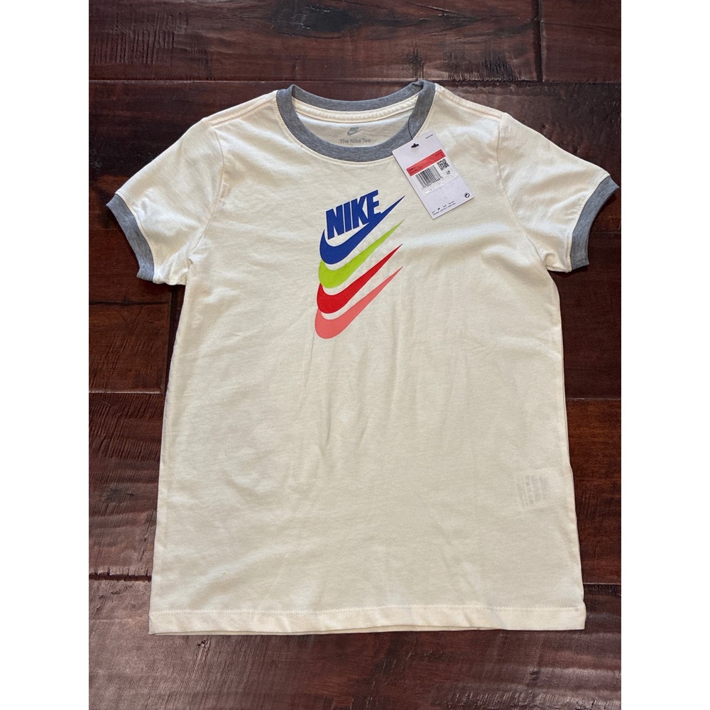 NWT Nike Ringer Tee Girls Size L Cream Stacked Swoosh DQ4384-113